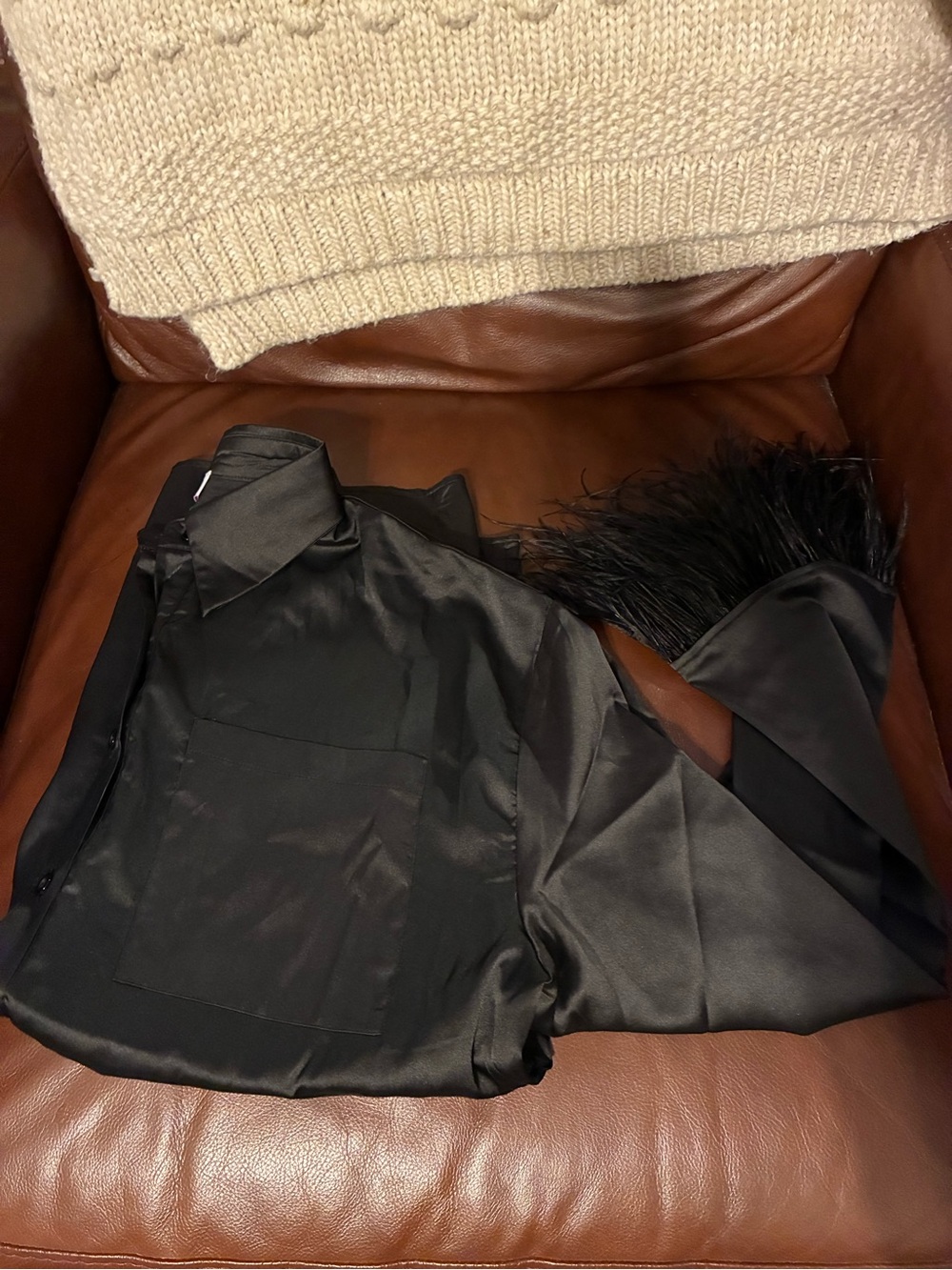 Pink Lily Black Satin Blouse with Feather Cuffs